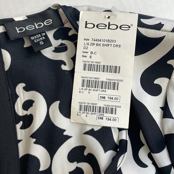 NWT Bebe Black/Off White Paisley Silk Shift Dress, Size S - Picture 5 of 7